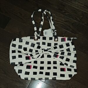 Women’s White Tote Bag with Black Square Print and Pink Accents
